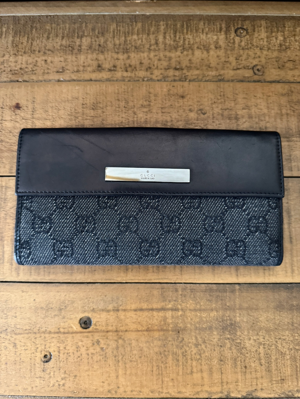 Gucci Wallet Unisex Black GG Denim Canvas Leather Long Wallet Bi-fold Made Italy